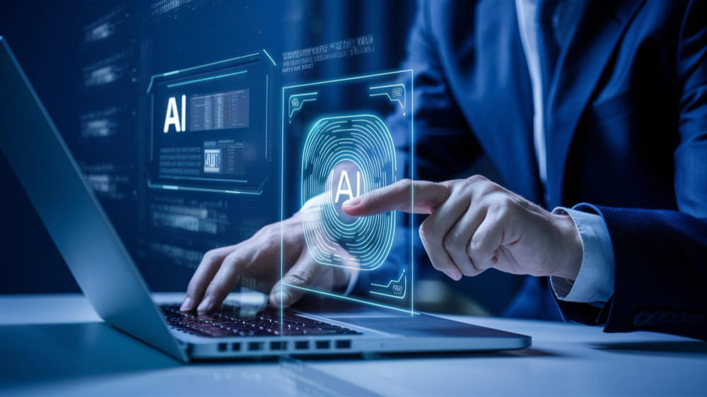 Un professionnel en costume interagit avec un hologramme de reconnaissance biométrique sécurisée, illustrant la conformité et les exigences de l'AI Act.