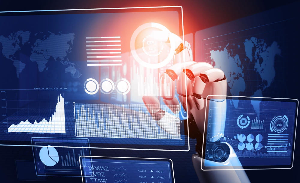 Gros plan d'une main de robot pointant vers un écran holographique affichant des visualisations de données complexes, illustrant une analyse Palantir Technologies de pointe