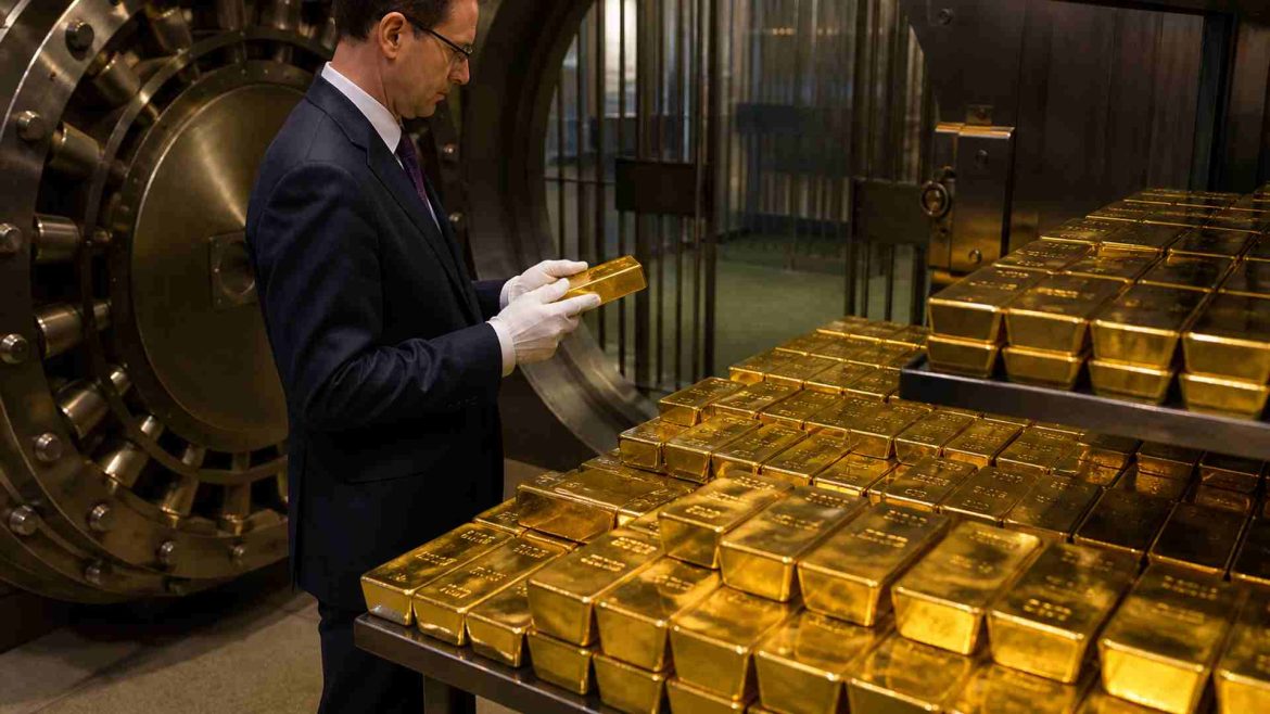 Un fonctionnaire en costume examine un lingot d'or dans une chambre forte de haute sécurité remplie de réserves d'or des banques centrales.
